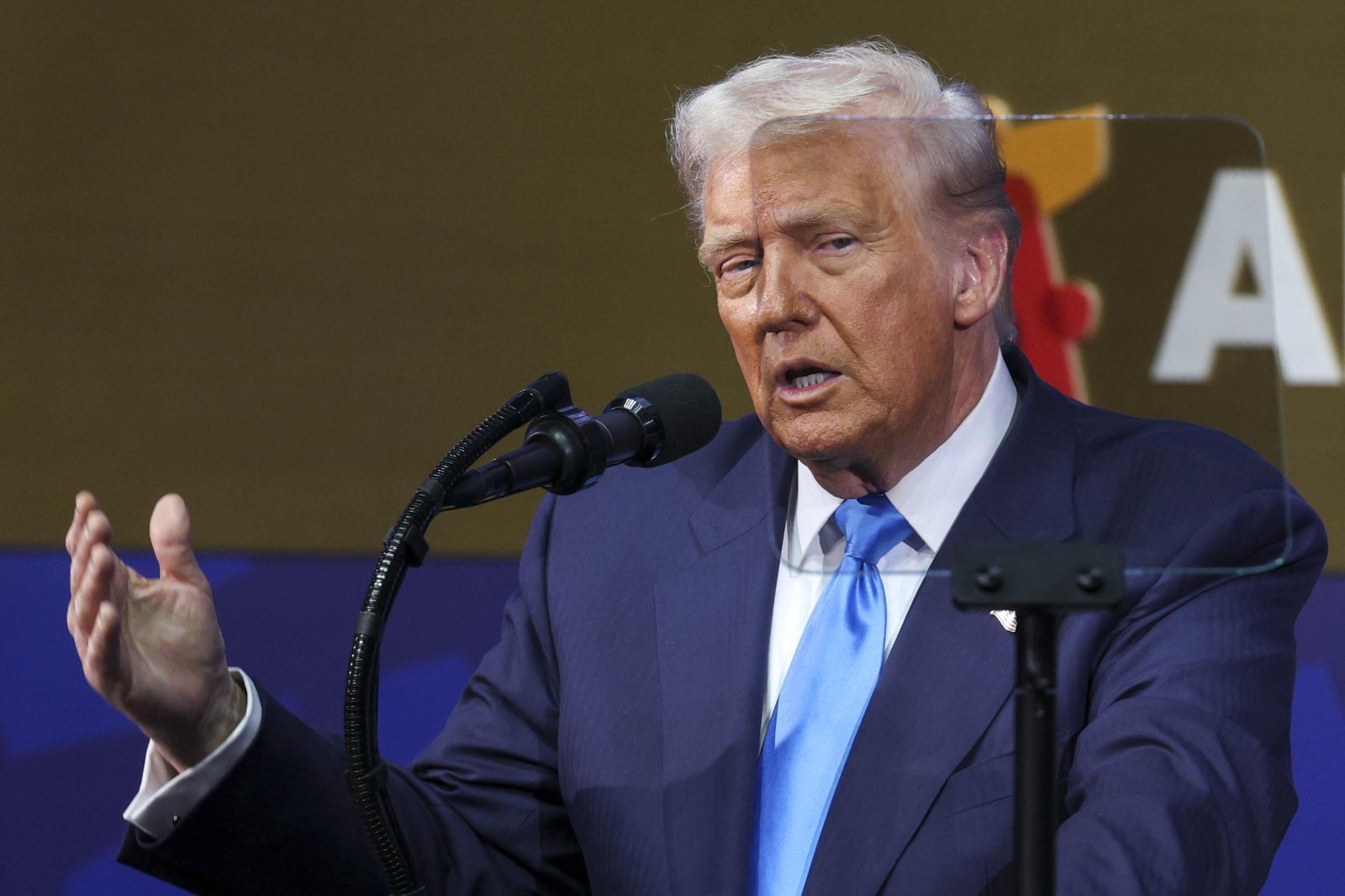 도널드 트럼프 미국 대통령이 29일 경북 경주시 경주예술의전당에서 열린 ‘2025 APEC CEO 서밋’에서 특별 연설을 하고 있다. (공동취재) 2025.10.29 뉴시스