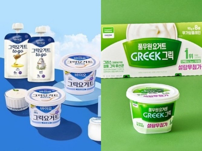 매일유업 바이오 그릭요거트(왼쪽)와 풀무원다논의 그릭요거트(매일유업·풀무원다논 제공)