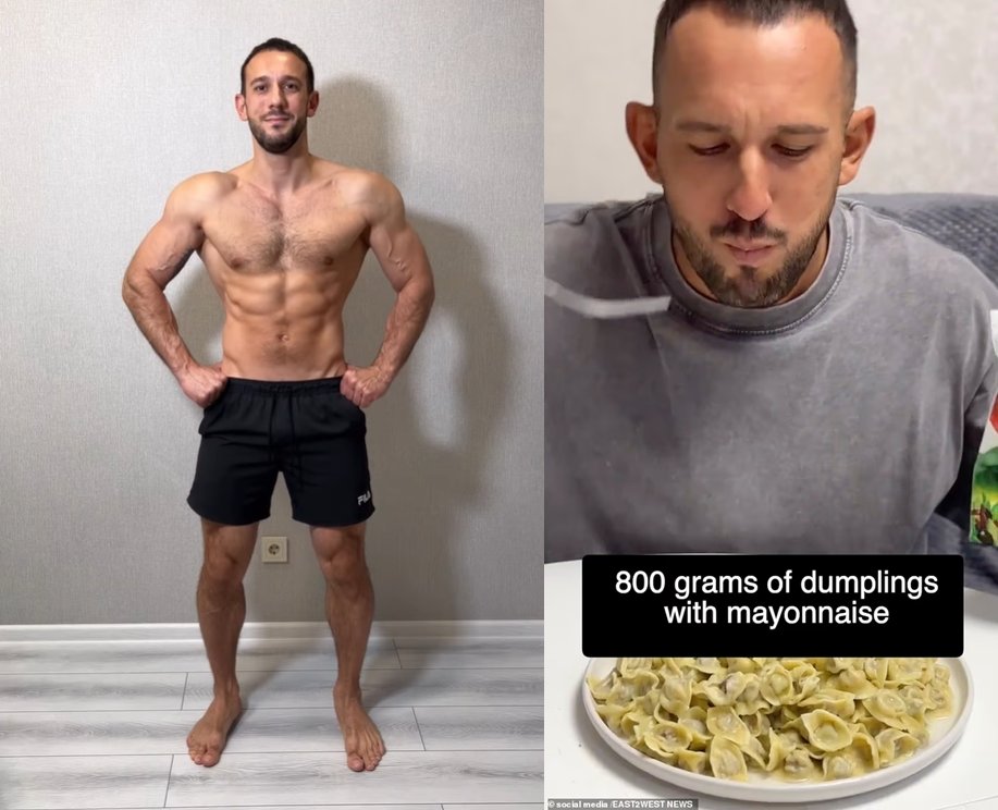 누얀진의 생전 모습. 왼쪽처럼 건강한 몸을 가지고 있었지만, 하루 1만kcal 이상 폭식을 이어나가다 결국 심장에 무리가 갔다. 인스타그램 @dmitryfit