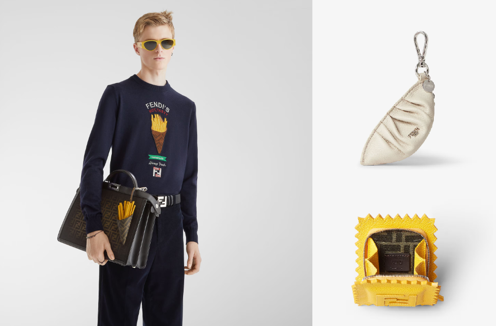 왼쪽은 ‘프렌치프라이 백참’(111만 원), 오른쪽은 ‘덤플링 백참’(84만 원)과 ‘라비올리 백참’(102만 원)이다. 펜디 공식 홈페이지