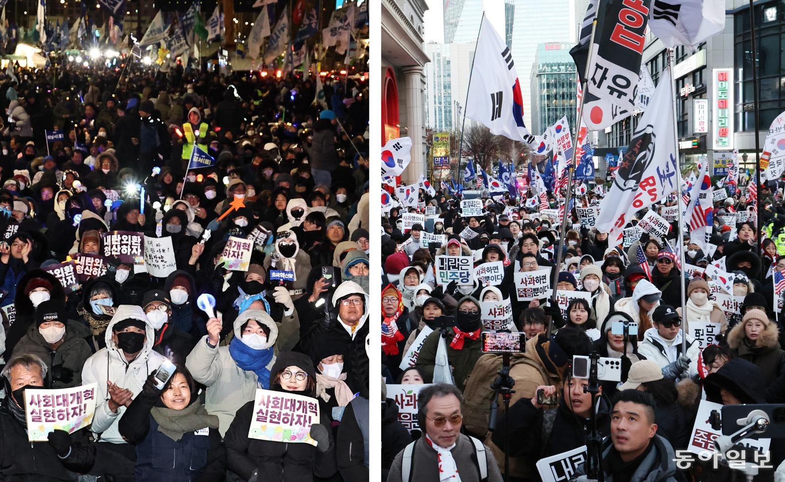 국회 앞에 집결한 진보-보수 12·3 비상계엄 사태 1년을 맞은 3일 서울 영등포구 국회 앞에서는 진보·보수 진영의 집회가 동시에 열렸다. 국회대로에서 열린 ‘12·3 내란외환 청산과 종식, 사회 대개혁 시민대행진’ 참가자들이 구호를 외치고 있다(왼쪽 사진). 이날 윤석열 전 대통령을 지지하는 시민들은 여의도 국민의힘 당사 앞에서 ‘윤 어게인’ 집회를 진행했다. 양회성 기자 yohan@donga.com·홍진환 기자 jean@donga.com