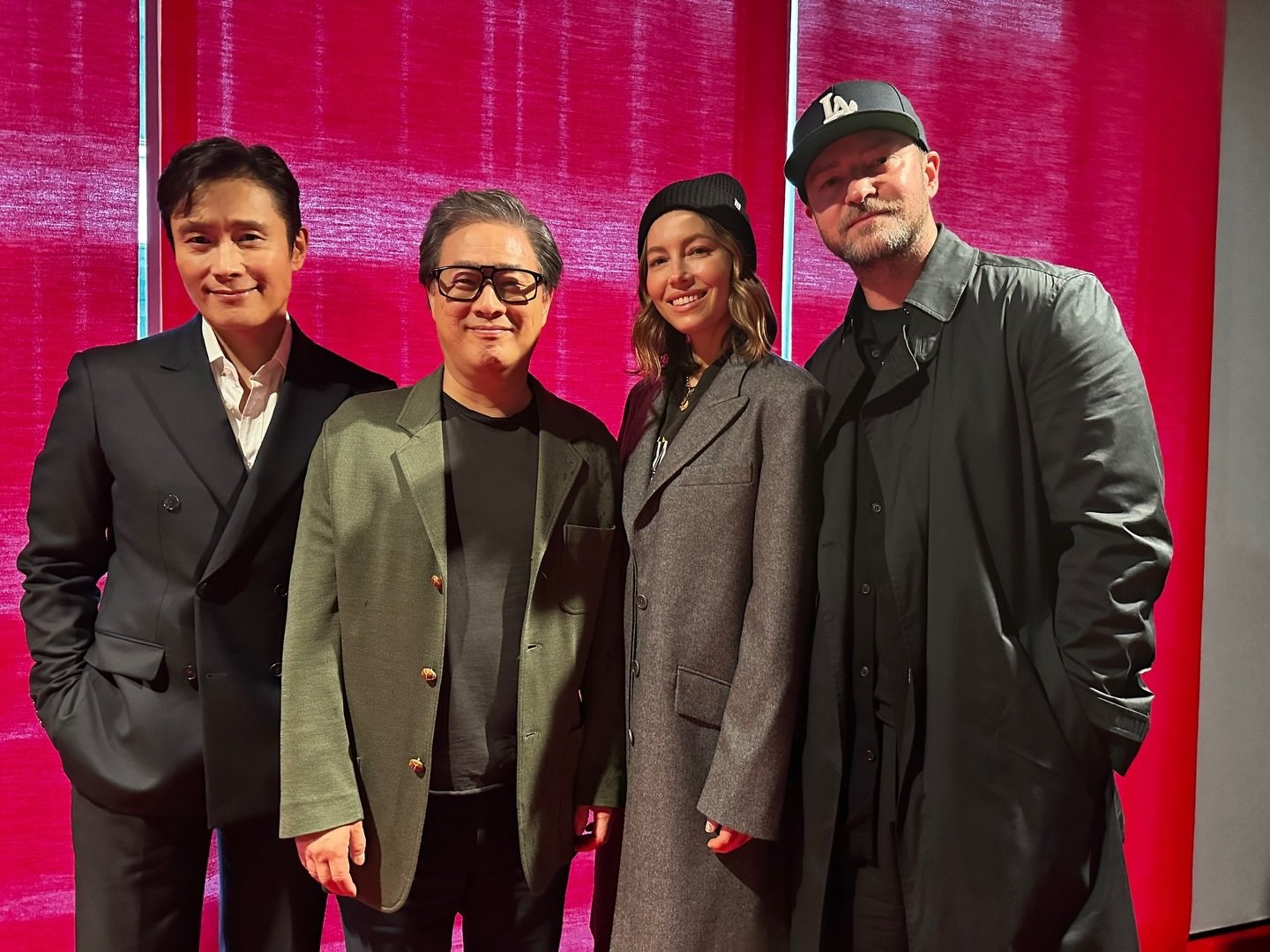 이병헌, 박찬욱, 제시카 비엘, 저스틴 팀버레이크(왼쪽부터, 이병헌 인스타그램 갈무리)