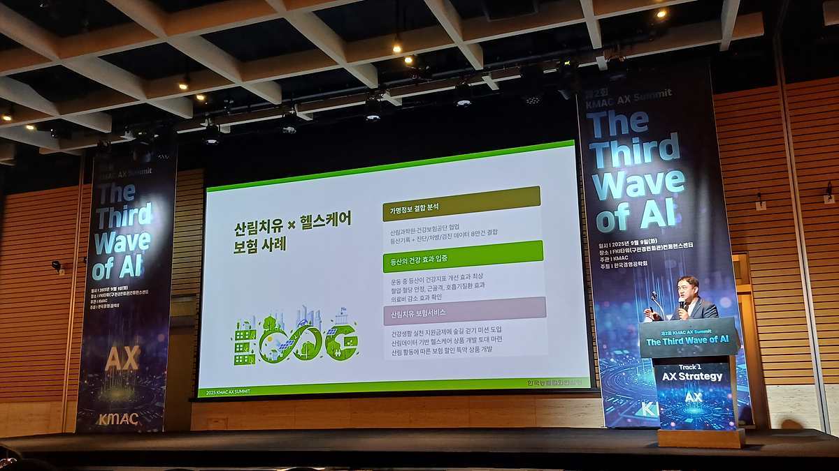 KMAC AX 서밋에서 산림 데이터의 활용 사례를 소개하는 전성기 한국임업진흥원 산림빅데이터산업실 실장(강연자) / 출처=한국임업진흥원