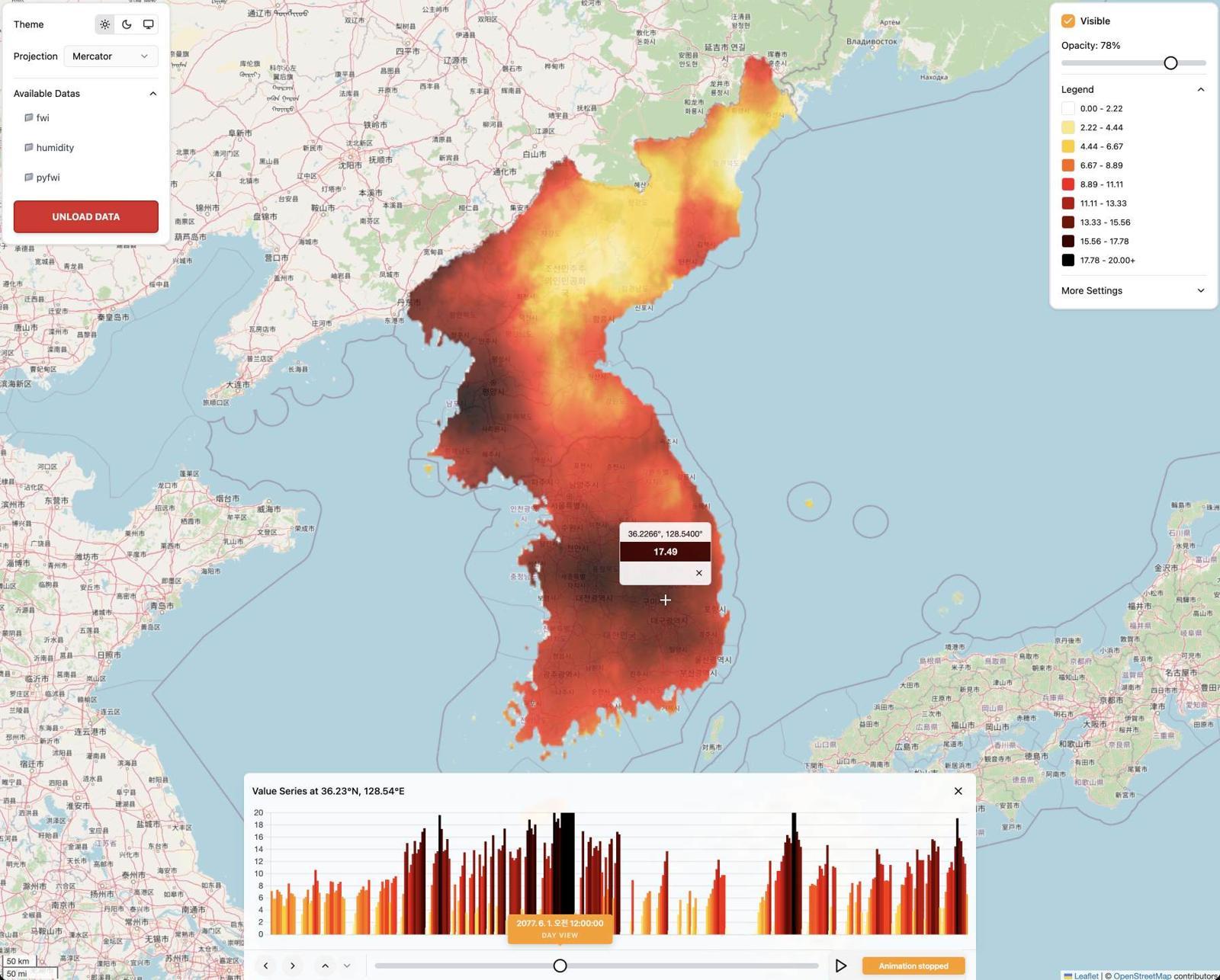 메타어스랩이 기후영향을 지도와 그래프 형태의 웹 시각화 플랫폼으로 구현한 모습 / 출처=메타어스랩