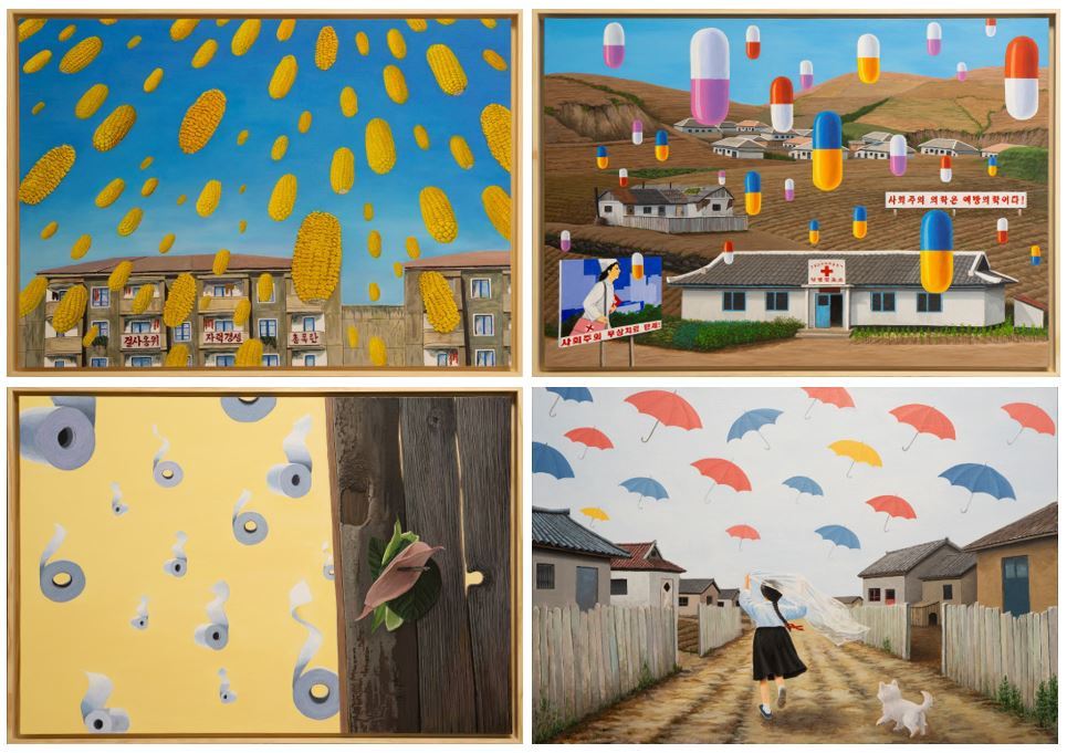 이지혜 씨가 올해 10월 ‘인민의 소원’ 전시회에 출품한 작품들. 북한 마을에 옥수수와 알약이 쏟아지고, 가랑잎이 휴지 대신 박혀 있는 재래식 화장실 밖에 진짜 휴지 두루마리가 내린다. 비 오는 날 비닐을 쓰고 달려가는 소녀 머리 위로 우산이 쏟아진다. 북한의 결핍을 상징적으로 보여 준다.