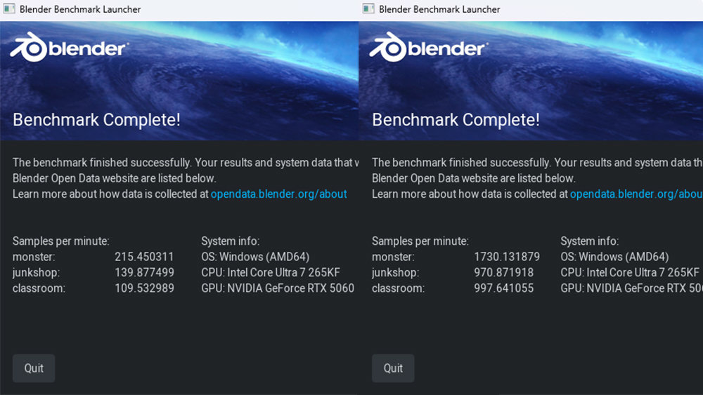 3D 렌더링 프로그램인 블렌더의 성능을 수치로 확인하는 블렌더 4.5 벤치마크 테스트 결과. 좌측이 CPU, 우측이 그래픽 카드 성능이다 / 출처=IT동아