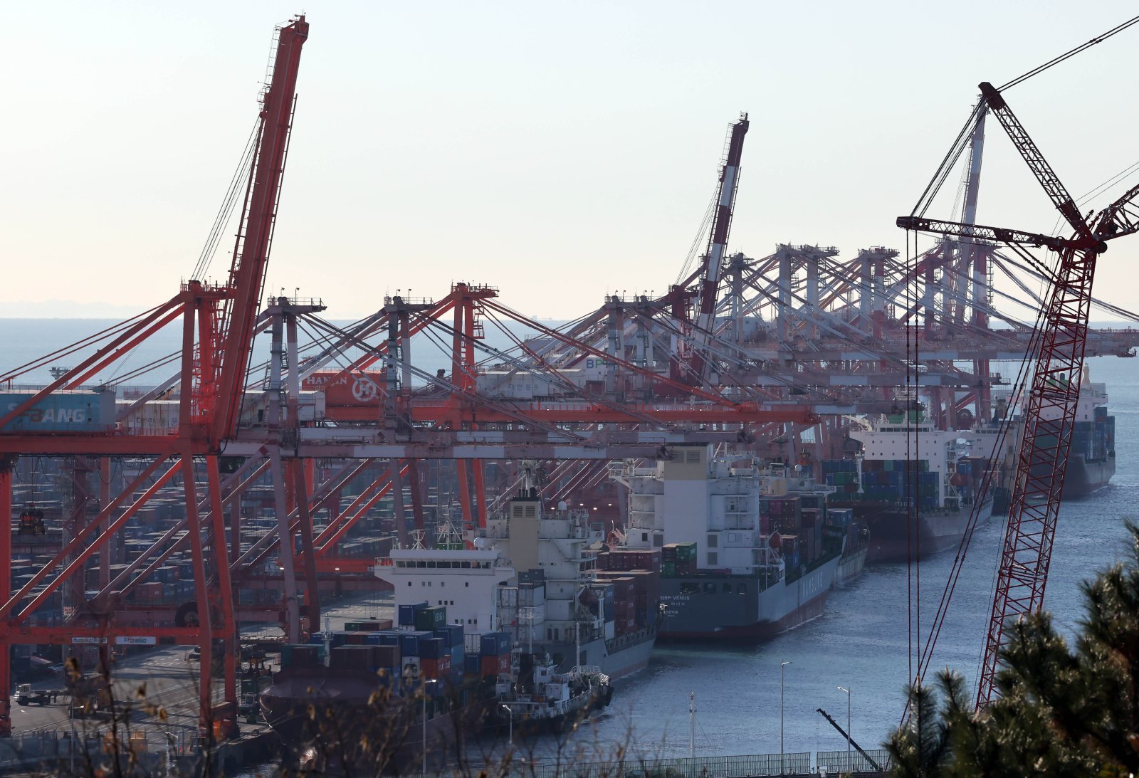 지난해 수출이 전년 대비 8.2% 증가한 6838억 달러(1006조4168억원)를 달성, 역대 기록(2022년 6836억 달러)을 2년 만에 갈아 치웠다.    1일 부산 남구 신선대부두에서 컨테이너 선적 및 하역작업이 진행되고 있다. 2025.01.01. [부산=뉴시스]