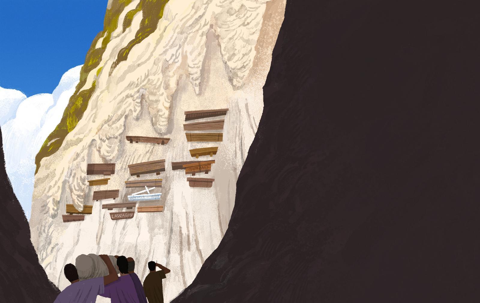 멕시코의 ‘죽은 자의 날’ 축제부터 한국의 차례상 문화까지, 세계 각국은 저마다의 장례 풍습을 통해 죽은 이를 산 자의 기억 속에 기려 왔다. 사진은 필리핀의 ‘절벽에 매달려 있는 관’을 나타낸 일러스트. 시그마북스 제공