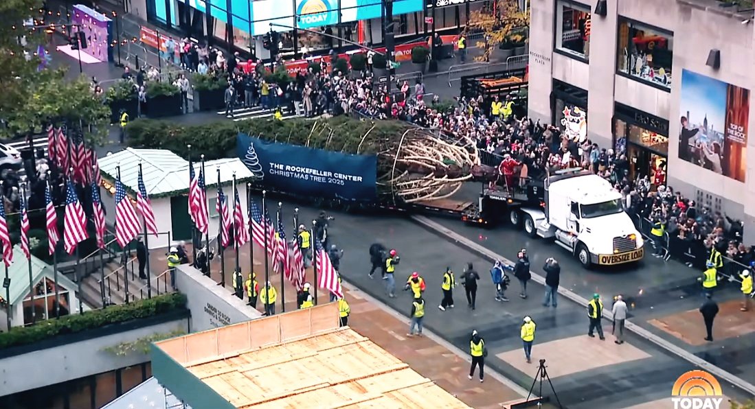 록펠러 센터 바로 앞 건물에 있는 방송사 NBC가 투데이 모닝쇼를 통해 지난 11월 맨해튼에 도착한 나무를 생중계하는 모습. 출처: NBC 캡쳐
