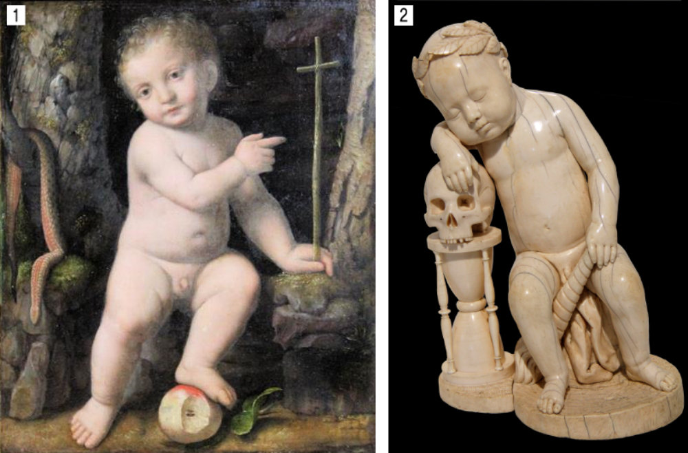 ❶ 이탈리아 화가 베르나르디노 루이니(1480∼1532)의 ‘아기 예수’. ❷ 독일 조각가 레온하르트 케른(1588∼1662)의 ‘잠자는 아이’. 루이니와 케른의 두 그림은 각각 구세주 아기와 인간 아기를 표현했다. 사진 출처 위키아트·위키미디어