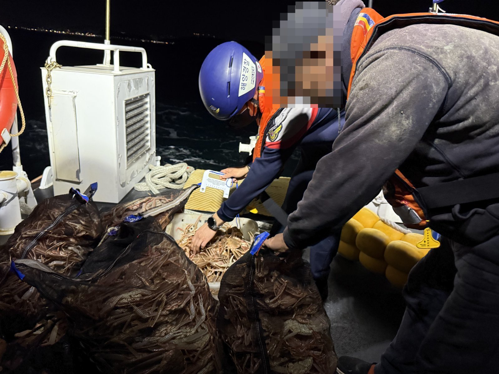 8일 경북 포항해양경찰서는 체장 9㎝ 이하의 대게 647마리를 잡은 후 그물에 숨겨 항구로 들어온 연안자망 어선 70대 선장을 수산자원관리법 위반으로 검거했다, 사진은 해경이 단속하는 모습. (포항해양경찰서제공)
