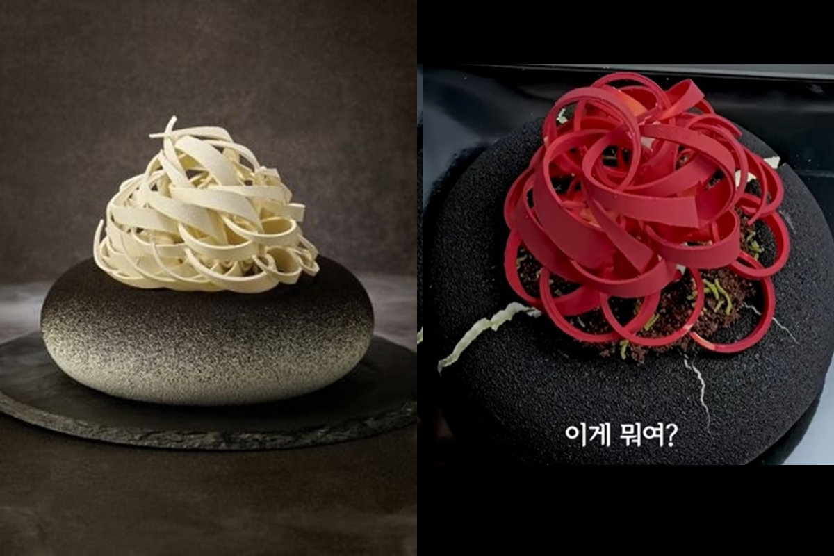 신라호텔이 공개한 ‘더 파이니스트 럭셔리’ 크리스마스 케이크 공식 이미지(왼쪽), 오른쪽은 유튜브 ‘흑백리뷰’ 채널이 수령한 오배송 케이크 모습. ⓒ뉴시스