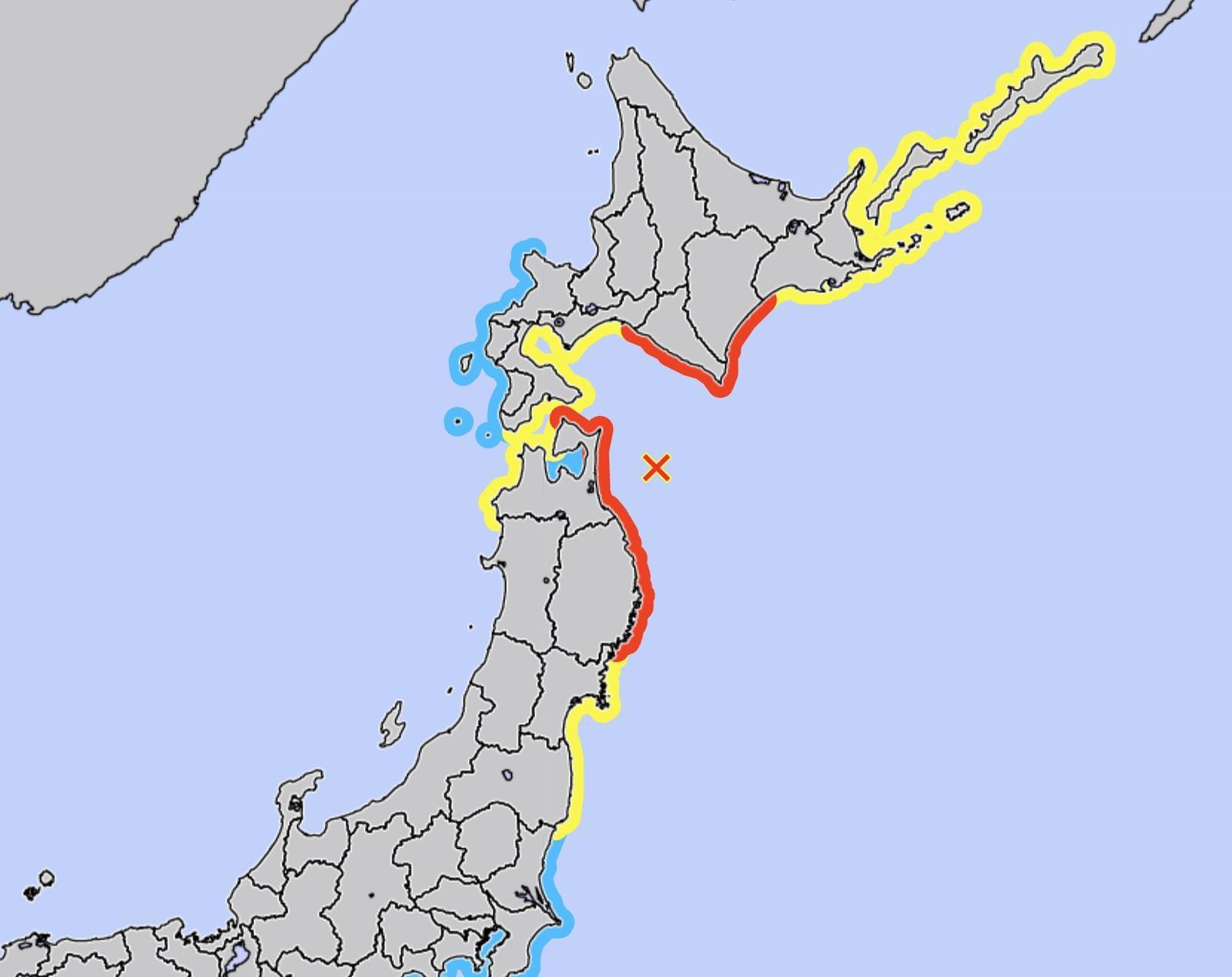 지도에서 노란색으로 표시된 지역이 쓰나미 주의보, 빨간색으로 표시된 지역이 쓰나미 경보 발령 지역. (일본 기상청 갈무리)