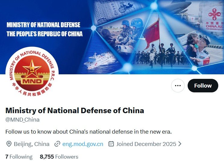 X 갈무리. 미국 플랫폼 X에 공식 계정을 개설한 중국 국방부