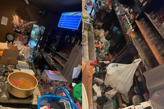 가게의 물건이 모두 떨어졌다고 밝힌 한 누리꾼. 유리잔과 물병 등이 바닥에 나뒹굴고 있다. 스레드 @burlesque_miyuki