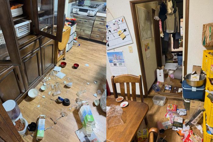 가정집의 물건이 모두 휘날려 바닥이 엉망진창이 됐다. 넘어진 물건 중에는 꼬치 등 날카로운 물건이 섞여있어 위험한 상황이 연출됐다. 스레드 @yasuko.1665