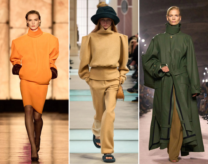 올겨울 패션 하우스들은 다양한 하이넥 실루엣을 선보이고 있다. 생 로랑은 직선으로 곧게 뻗은 어깨선과 턱끝까지 차오르는 하이넥 의상을 컬렉션 전면에 내세웠고(왼쪽 사진) 루이뷔통(가운데 사진)과 빅토리아 베컴(오른쪽 사진)도 다양한 소재의 하이넥 의류를 올해 가을·겨울 컬렉션에 선보였다. 각 브랜드 제공