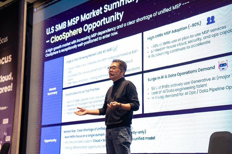 홍성완 클루커스 대표가 2025 타운홀 미팅에서 글로벌 AI MSP 전략과 IPO 추진 방향에 대해 설명하고 있다. 사진제공=클루커스