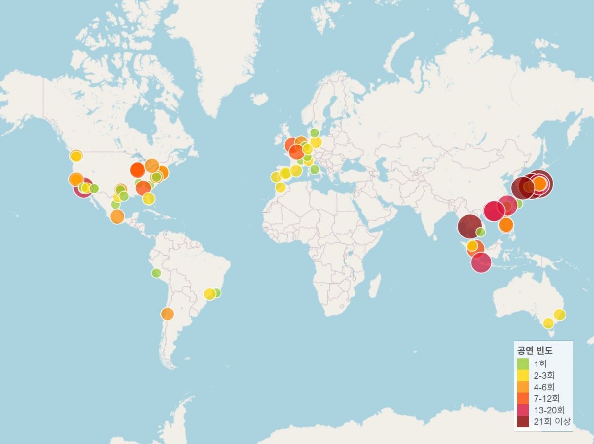 에스파, 블랙핑크, 아이브, 세븐틴, 정해인, 박민영 등 16개 K-셀럽의 2024년~2025년 세계 투어·팬미팅 개최 현황 / 출처=알리고에이아이