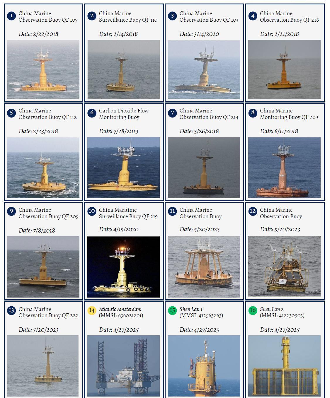 미국 전략국제문제연구소(CSIS) 산하 북한 전문 매체 ‘비욘드 패럴렐’은 9일(현지 시간) 중국이 한중 공동 관리 구역인 서해 잠정조치수역(PMZ)에 일방적으로 시설물을 설치하며 ‘점진적 주권 확장’을 시도 중이라고 밝혔다. 사진은 2018년부터 2025년 4월까지 중국이 서해에 설치한 각종 시설물 현황으로 1∼13번은 부표, 14번은 양식장 관리 및 해양 환경 관측 등을 위한 시설, 15∼16번은 양식장이다. 사진 출처 비욘드 패럴렐 홈페이지