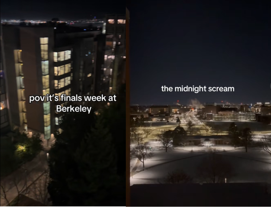 버클리에서 기말고사 주간을 앞두고 학생들이 비명을 지르는 모습을 담은 영상, 오른쪽은 미시간주립대의 ‘자정 비명’ 장면. 틱톡 갈무리