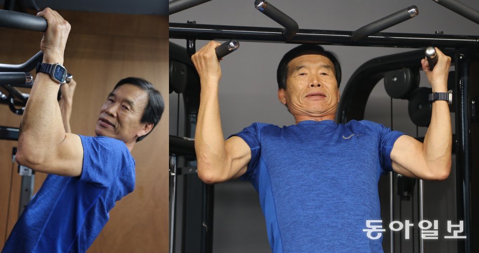 정환일 창신INC 회장이 부산 사하구 다대동 사무실에 마련한 피트니스 도구에서 턱걸이 하고 있다. 1980년부터 달리기 시작한 정 회장은 2013년 뇌동맥류 진단을 받은 뒤 근육운동으로 전환해 턱걸이를 한때  한 번에 33개까지 하는 등 건강한 노련을 만들어 가고 있다. 부산=양종구 기자 yjongk@donga.com