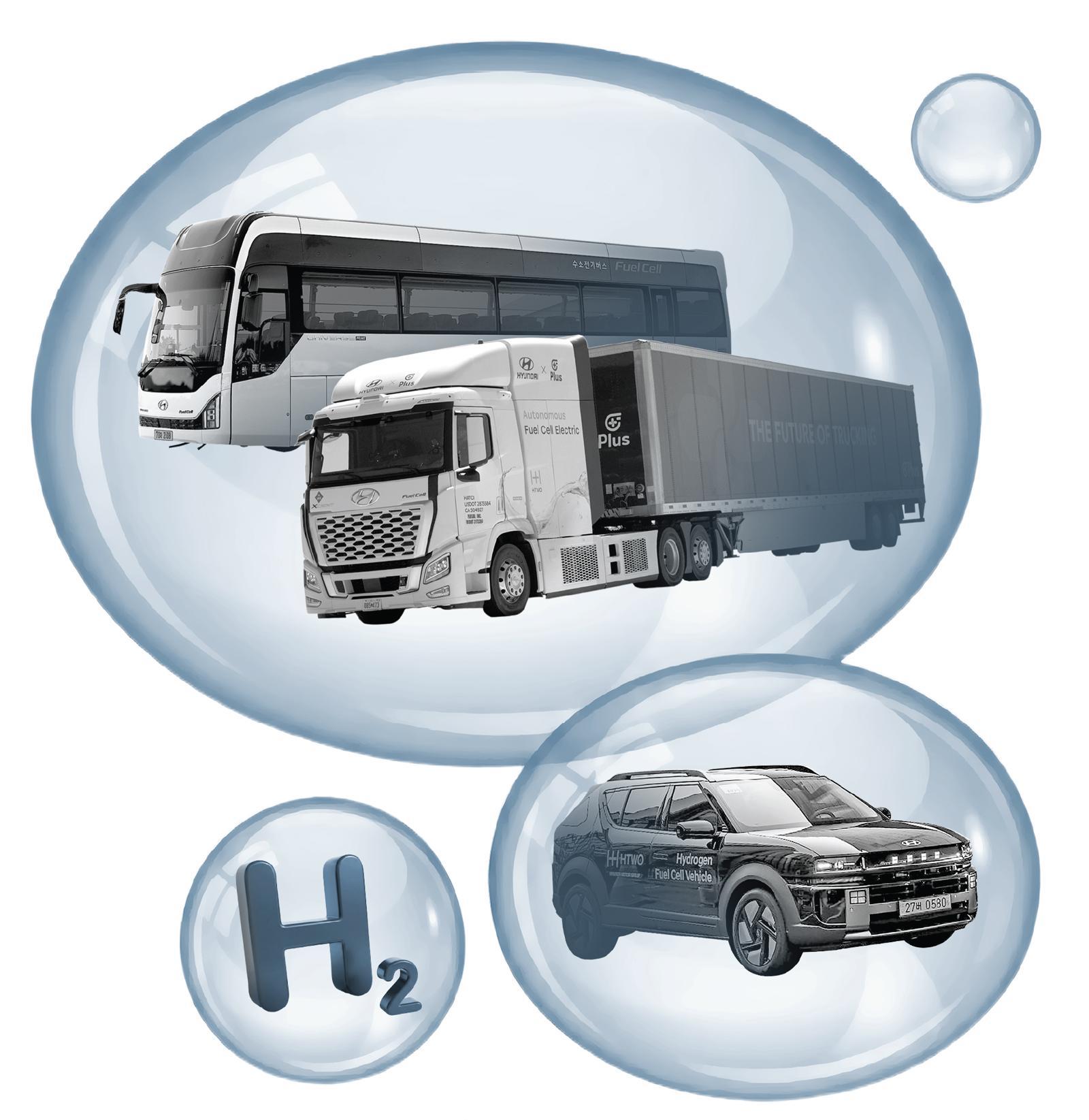 현대차의 수소연료전지(FCEV) 차종 유니버스 수소전기버스(사진 맨 위), 엑시언트 수소전기트럭(가운데), 수소전기 SUV ‘디 올 뉴 넥쏘’(아래). 현대차그룹 제공
