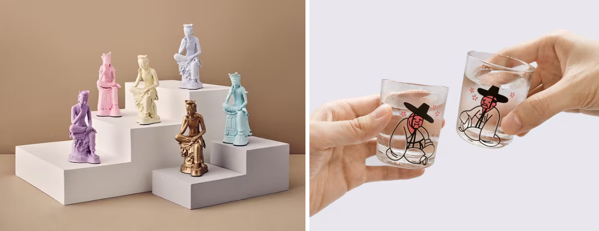 뮤즈의 대표 상품이 된 ‘힙한 피겨’ 반가사유상 미니어처.(왼쪽사진) 2023년 뮤즈 정기공모에서 당선돼 출시된 ‘취객선비 변색 잔’. 국립박물관문화재단 제공