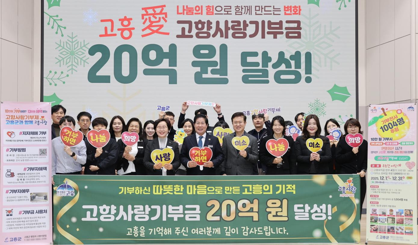 전남 고흥군은 올해 추진해 온 고향사랑기부금 모금이 12월 10일 기준 누적 20억 원을 달성했다고 14일 밝혔다. 고흥군 제공