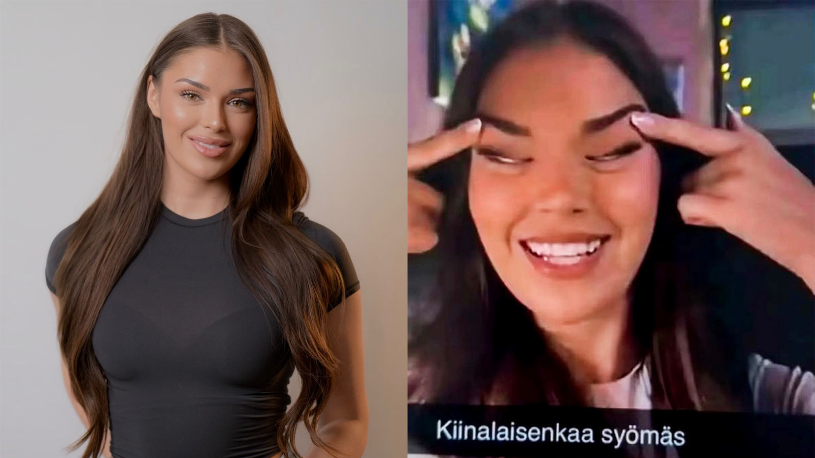 2025 미스 핀란드 우승자 사라 자프체(Sarah Dzafce)의 모습. 그는 자신의 SNS에 눈을 양쪽으로 찢는 사진(오른쪽)을 올리며 “심한 두통 때문에 관자놀이를 문지른 것”이라고 주장했다. 인스타그램 갈무리