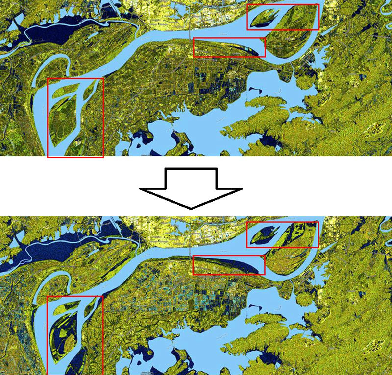 SAR 데이터를 활용, 2024년 5월부터 7월까지 안후이성 Anqing 지역의 침수 현황 변화를 파악했다 / 출처= Sentinel-1 data: © ESA