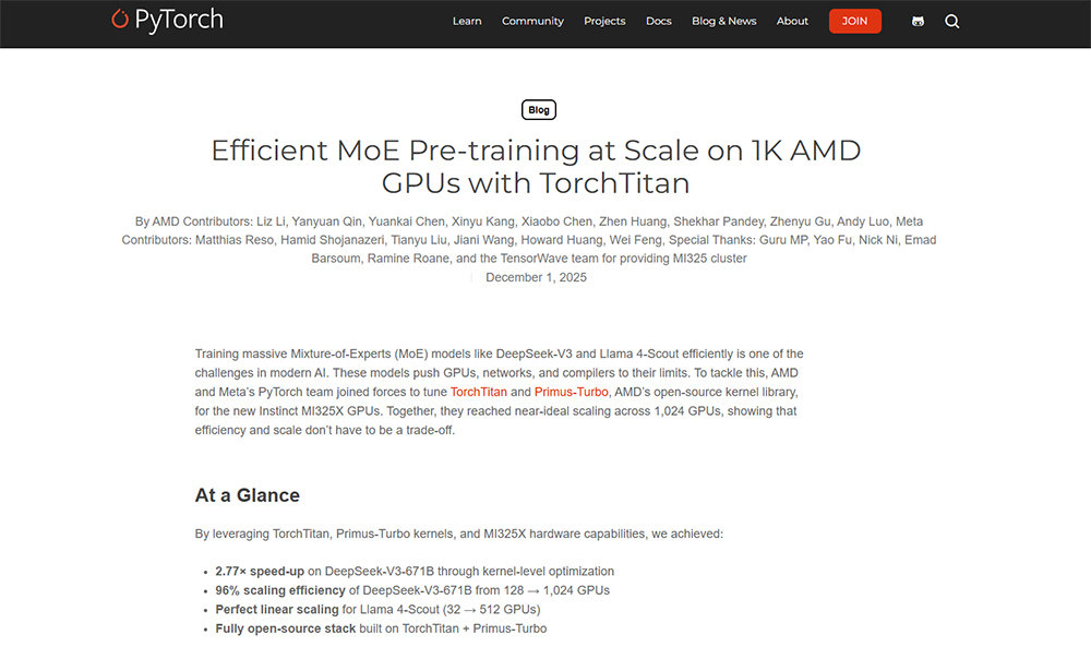 이달 초, 파이토치 공식 블로그에 AMD 인스팅트 MI325 GPU 1024장을 활용해 MoE 사전 훈련을 진행한 내용에 대한 문서가 게재됐다 / 출처=파이토치