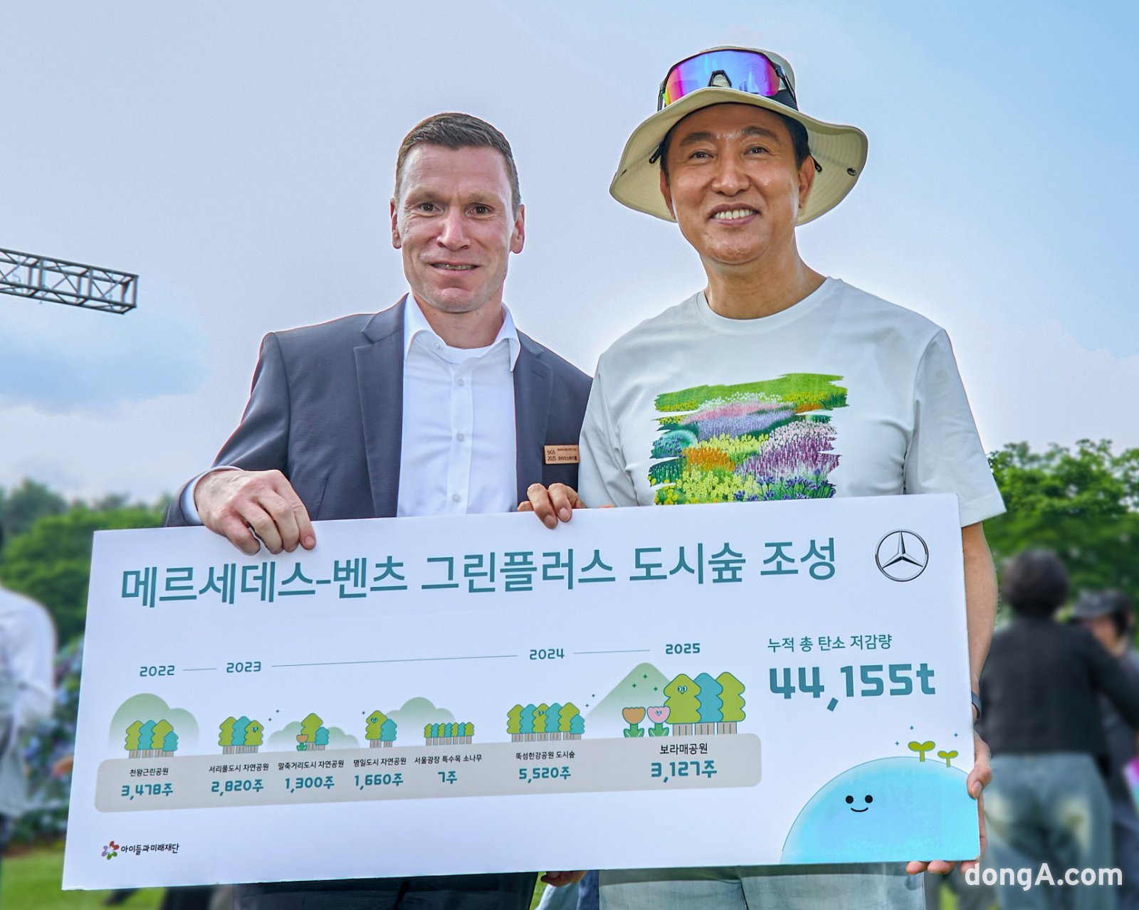 마티아스 바이틀 메르세데스-벤츠 사회공헌위원장이 서울 보라매 공원 그린플러스 도시숲 조성 사업을 진행한 후 기념 촬영을 하고 있다. 