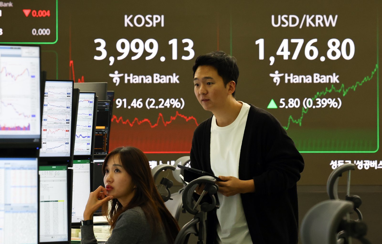 코스피가 전 거래일(4090.59)보다 91.46포인트(2.24%) 내린 3999.13에 장을 마친 16일 서울 중구 하나은행 딜링룸에 종가가 보이고 있다.  코스닥지수는 전 거래일(938.83)보다 22.72포인트(2.42%) 하락한 916.11에 거래를 종료, 서울 외환시장에서 원·달러 환율은 전 거래일(1471.0원)보다 6.0원 오른 원에 마감했다. 2025.12.16 서울=뉴시스