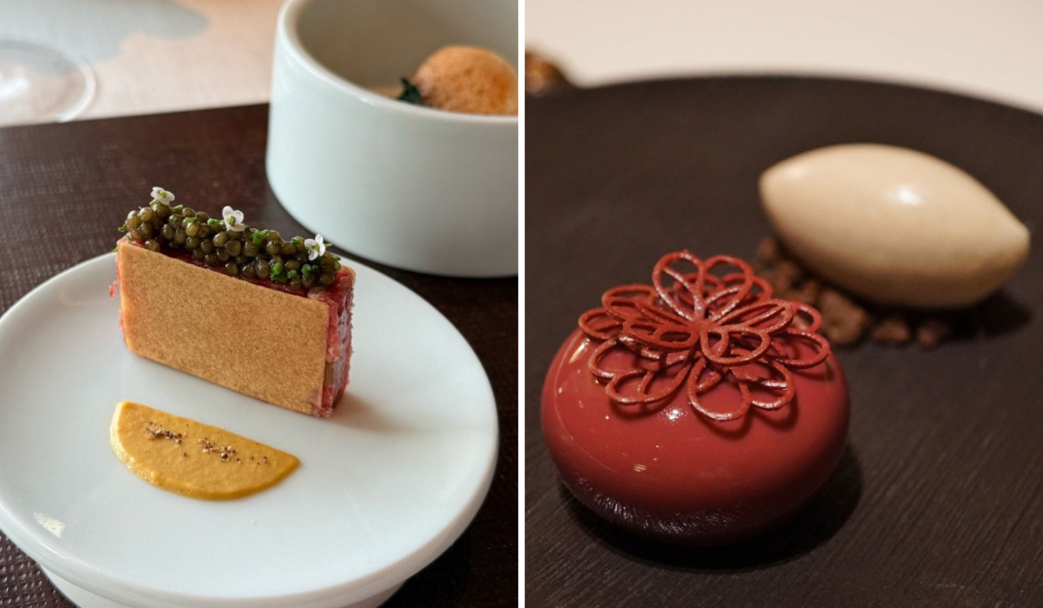 레스토랑이나 바를 평가할 때 ‘음식의 맛과 완성도’도 중요하지만 손님이 그 공간에서 어떤 감정과 기억을 가져갈 수 있는지도 중요하다. 예약 시간보다 일찍 도착했을 때 라운지에서 제공하는 신라호텔 ‘라연’의 웰컴 푸드(왼쪽 사진). 파인다이닝 레스토랑 ‘수묵당’에서 생일을 맞이한 고객에게 제공하는 생일 디저트. 사진 제공 김유경 푸드디렉터