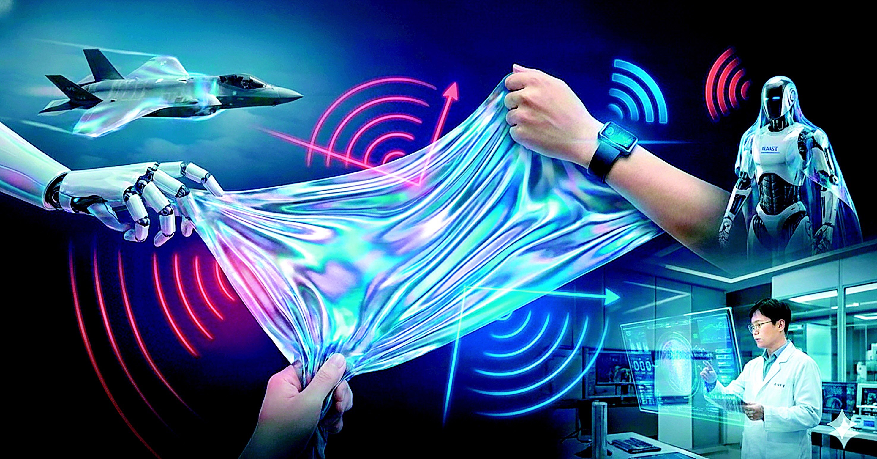 KAIST 연구진이 개발한 ‘액체금속 복합 잉크’로 제작한 물질을 형상화해 인공지능(AI)이 생성한 사진. 레이더나 센서에 감지되지 않는 ‘스텔스’ 기능을 갖춘 물질로 신축성도 뛰어나 각종 국방 무기에 활용될 것으로 보인다. KAIST 제공