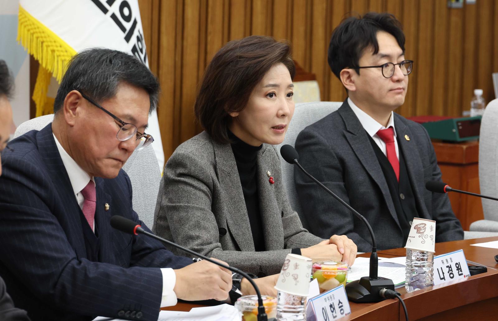 나경원 국민의힘 지방선거총괄기획단위원장이 15일 오후 서울 여의도 국회에서 열린 지방선거총괄기획단 -전국청년지방의원협의회 연석회의에서  발언을 하고 있다. 2025.12.15. [서울=뉴시스]