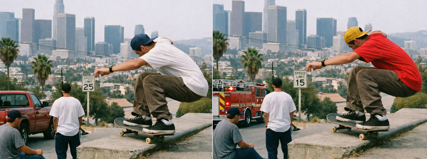 하얀 티셔츠가 빨간색으로… 오픈AI의 ‘GPT 이미지 1.5’를 활용하면 왼쪽 사진을 오른쪽 사진과 같이 정밀하게 편집하는 것이 가능하다. 스케이트보드를 탄 남성의 티셔츠는 빨간색으로, 모자는 노란색으로 바꾸고 배경에 있는 표지판의 제한속도 표시는 15로, 트럭을 소방차로 변경했다. 오픈AI 제공