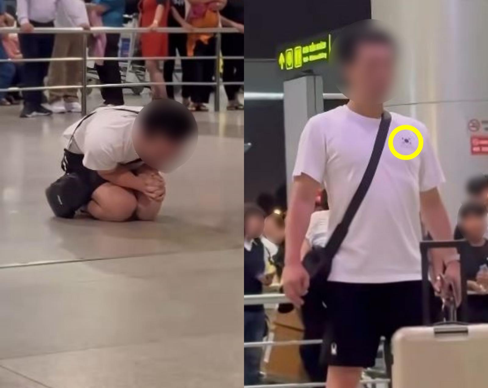 호찌민발 부산행 비엣젯항공 기내에서 여성을 성희롱한 의혹을 받는 한국인 추정 남성이 태극기가 새겨진 티셔츠를 입고 베트남 공항에서 오열하는 모습. 틱톡 캡처