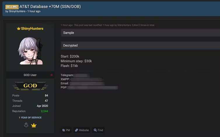 AT&T의 고객 데이터를 해킹해 데이터 판매를 광고하고 있는 샤이니헌터스. 블리핑컴퓨터 갈무리