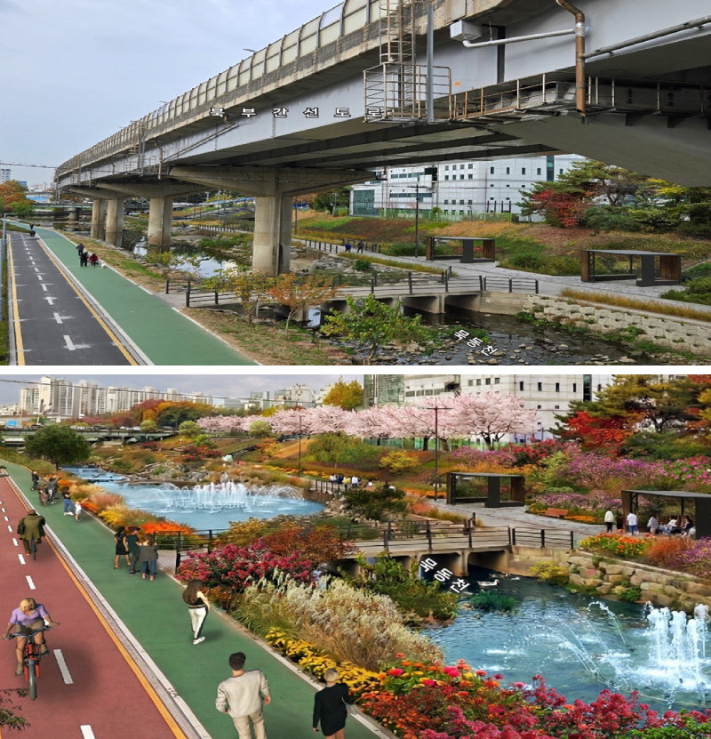 서울 노원구 공릉동 태릉입구역 인근 내부순환로·북부간선도로 고가도로 아래를 흐르는 묵동천 모습(위쪽 사진)과 지하화 이후 고가도로를 철거해 수변 여가 공원으로 조성될 모습. 서울시에 따르면 2037년까지 내부순환로와 북부간선도로 성산 나들목∼신내 나들목 20.5km 구간이 지하화된다. 서울시 제공