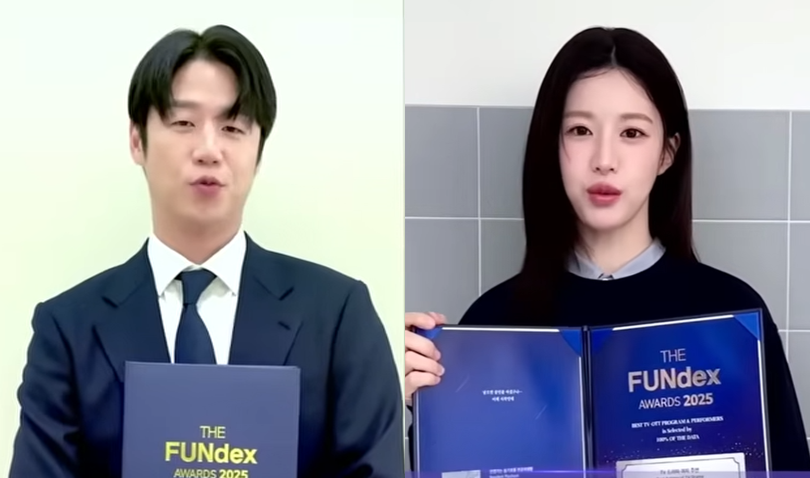 ‘언젠가는 슬기로울 전공의생활’의 정준원(왼쪽), 여자 주연상은 고윤정(오른쪽)이 수상소감을 밝히고 있다. 펀덱스어워드 제공