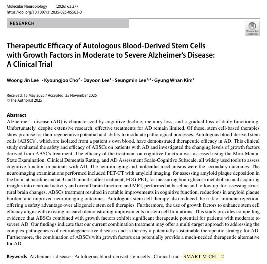 ‘중등도에서 중증 알츠하이머병에서 성장인자를 가진 자가 혈액 유래 줄기세포의 치료 효능’ 논문. 미라셀 제공