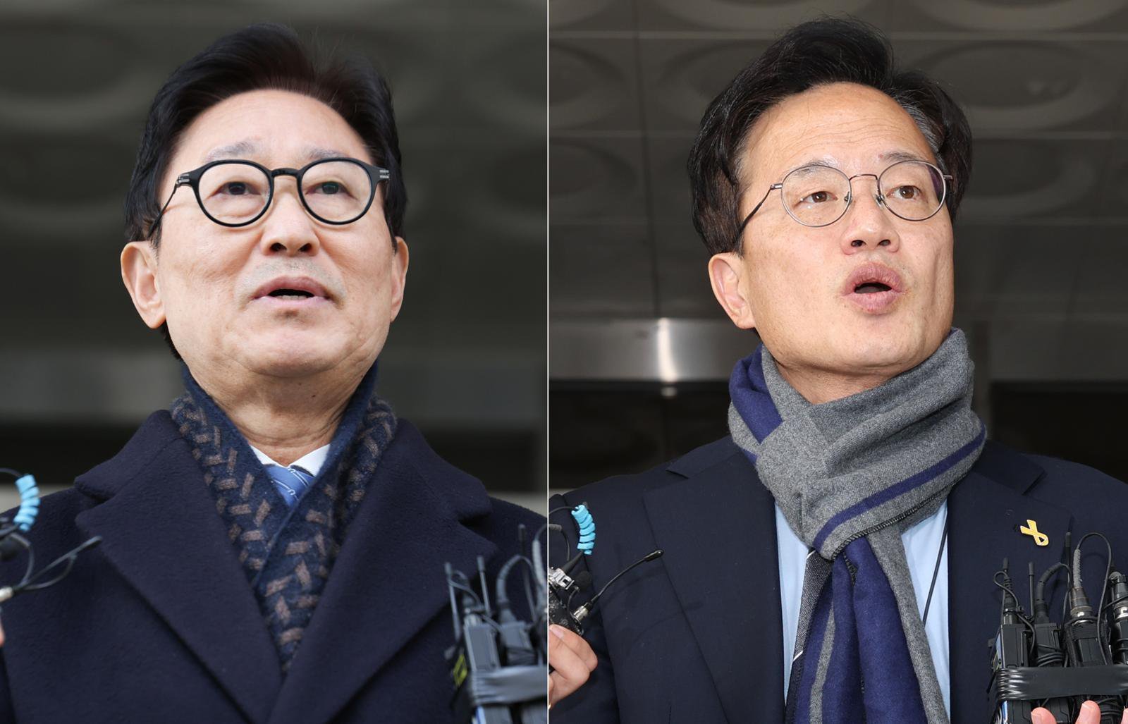 국회 패스트트랙(신속처리안건) 충돌 사건으로 재판에 넘겨진 더불어민주당 박범계·박주민 의원이 19일 오후 서울 양천구 서울남부지방법원에서 열린 선고 기일을 마친 뒤 법원을 나서며 입장을 밝히고 있다.  지난 2019년 4월 고위공직자범죄수사처 신설 법안과 연동형 비례대표제 도입 법안 등에 대한 패스트트랙(신속처리 안건) 지정 여부를 두고 물리적으로 충돌하며 국회 의사 진행을 방해한 혐의로 기소된 박범계·박주민 의원에 대해 법원은 이날 벌금 300만원의 선고를 유예했다. 2025.12.19. [서울=뉴시스]