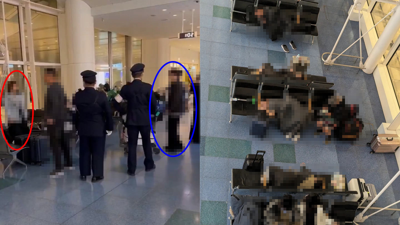 일본 하네다 공항서 중국인이 대만인에 “대만은 중국 땅”이라며 난동을 부린 사건이 일어났다. 빨간색 원이 중국 관광객, 파란색 원이 대만 관광객. X @Byron_Wan