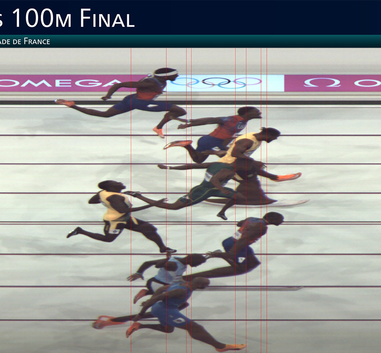 2024년 파리 올림픽 남자 육상 100m 결선 최종 순위 판독 사진. 파리 올림픽 때는 1초당 사진 4만 장을 찍는 초고속 카메라로 최종 순위를 결정했다. 오메가 제공