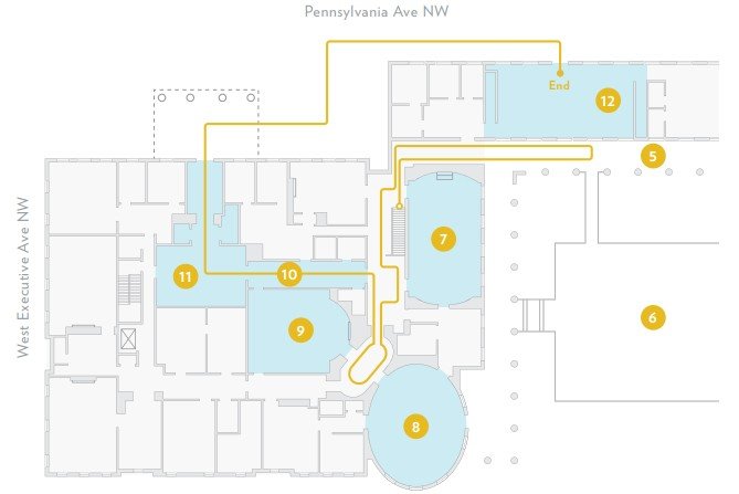 웨스트윙 1층의 평면도. 8번이 오벌오피스, 9번이 루스벨트룸, 7번이 캐비닛룸이다. 브리핑장은 12번이다. 사진 출처 버락 오바마 백악관 웹사이트