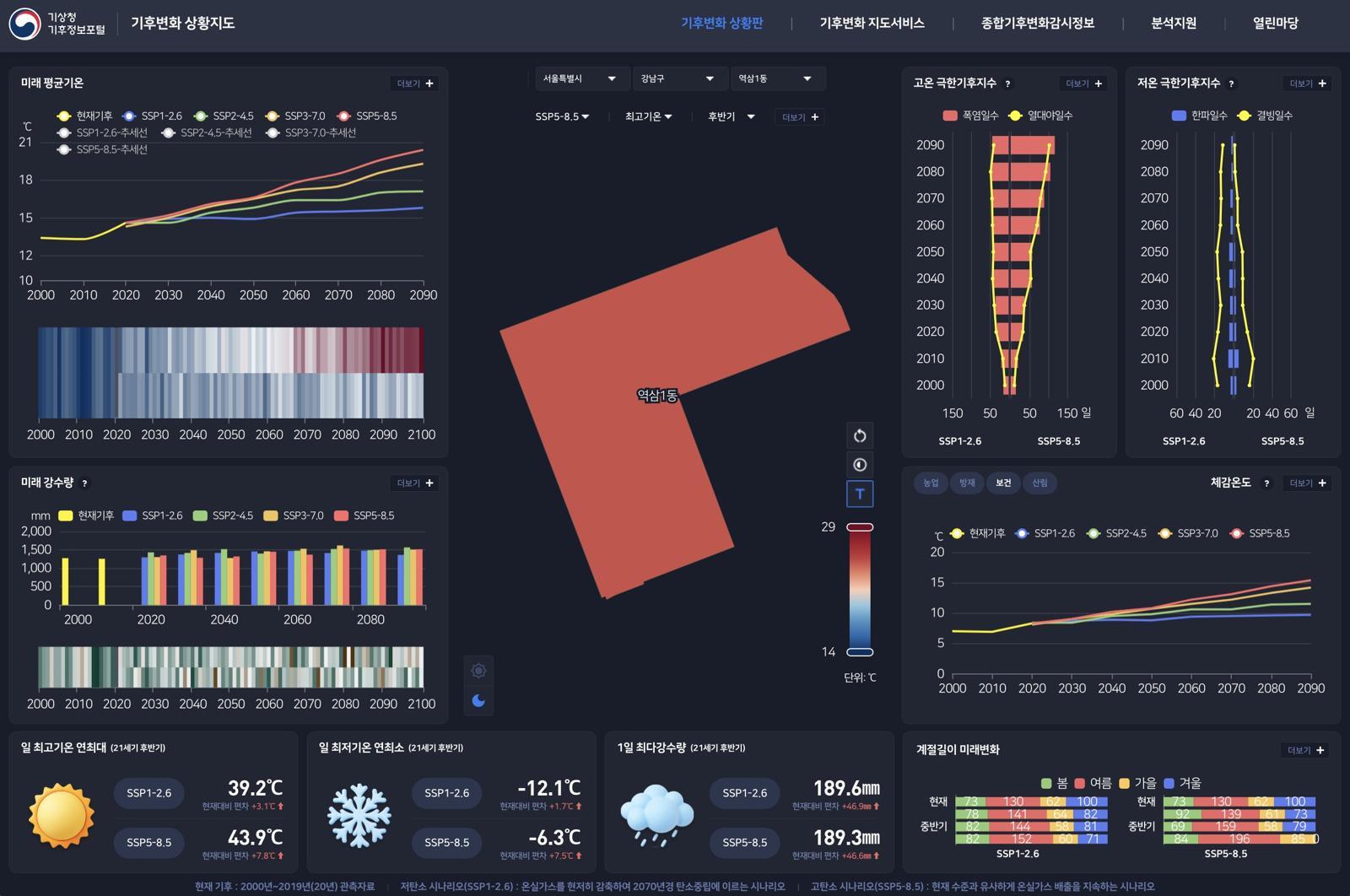 기상청 기후정보포털 내 기후변화 상황지도로 확인한 서울 강남구 역삼1동의 ‘고탄소 시나리오’ 모습. 기상청 제공