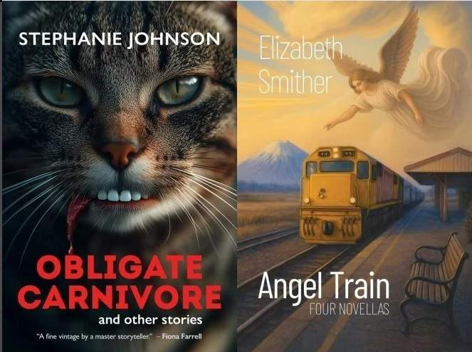 뉴질랜드 문학상 ‘오컴 북 어워즈’에 소설 부문에 출품됐으나 인공지능(AI) 관련 규정으로 심사에서 탈락한 작가 스테퍼니 존슨의 소설 ‘오블리게이트 카니보어’(왼쪽 사진)와 엘리자베스 스미더의 소설 ‘에인절 트레인’의 표지 사진. 두 책의 표지는 AI로 생성된 이미지다. 출판사 퀜틴 윌슨 홈페이지 캡처