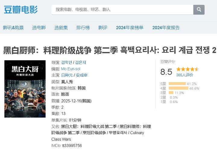 중국 최대 리뷰 사이트 더우반에 만들어진 ‘흑백요리사2’ 페이지